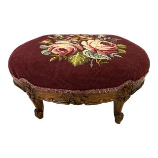 Vintage Needlepoint Oval Footstool For Sale