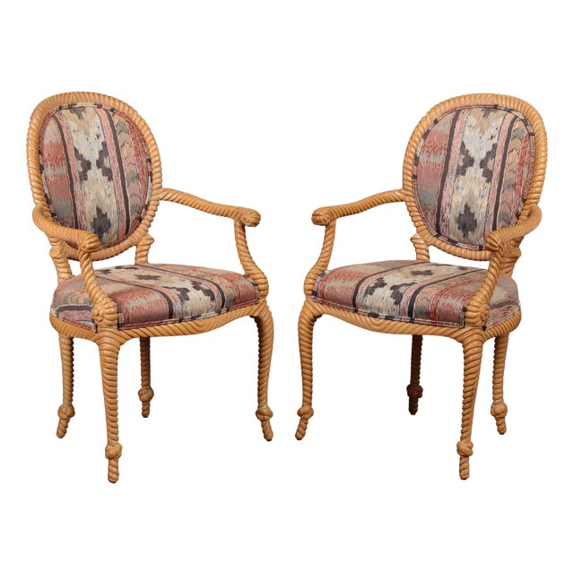 Italian Pair of Roped Carved Armchairs For Sale