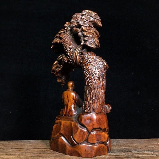 Wood Hand-Carved Boxwood Figure of a Monk Under a Pine Tree For Sale - Image 7 of 9