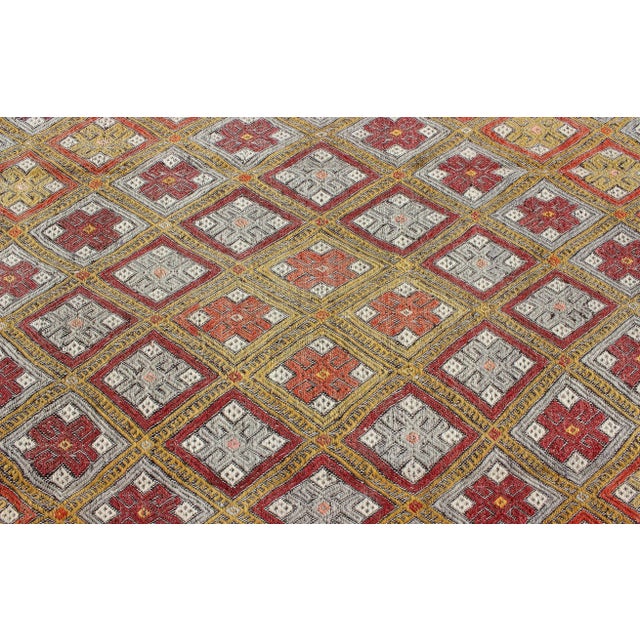 Saffron Colorful Vintage Turkish Flat-Weave Embroidered Rug With Geometric Diamond Design For Sale - Image 8 of 13