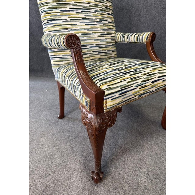 Blue Late 20th Century Pair of Baker Furniture Attributed Stately Homes Gainsborough Arm Chairs in Green & Blue For Sale - Image 8 of 11