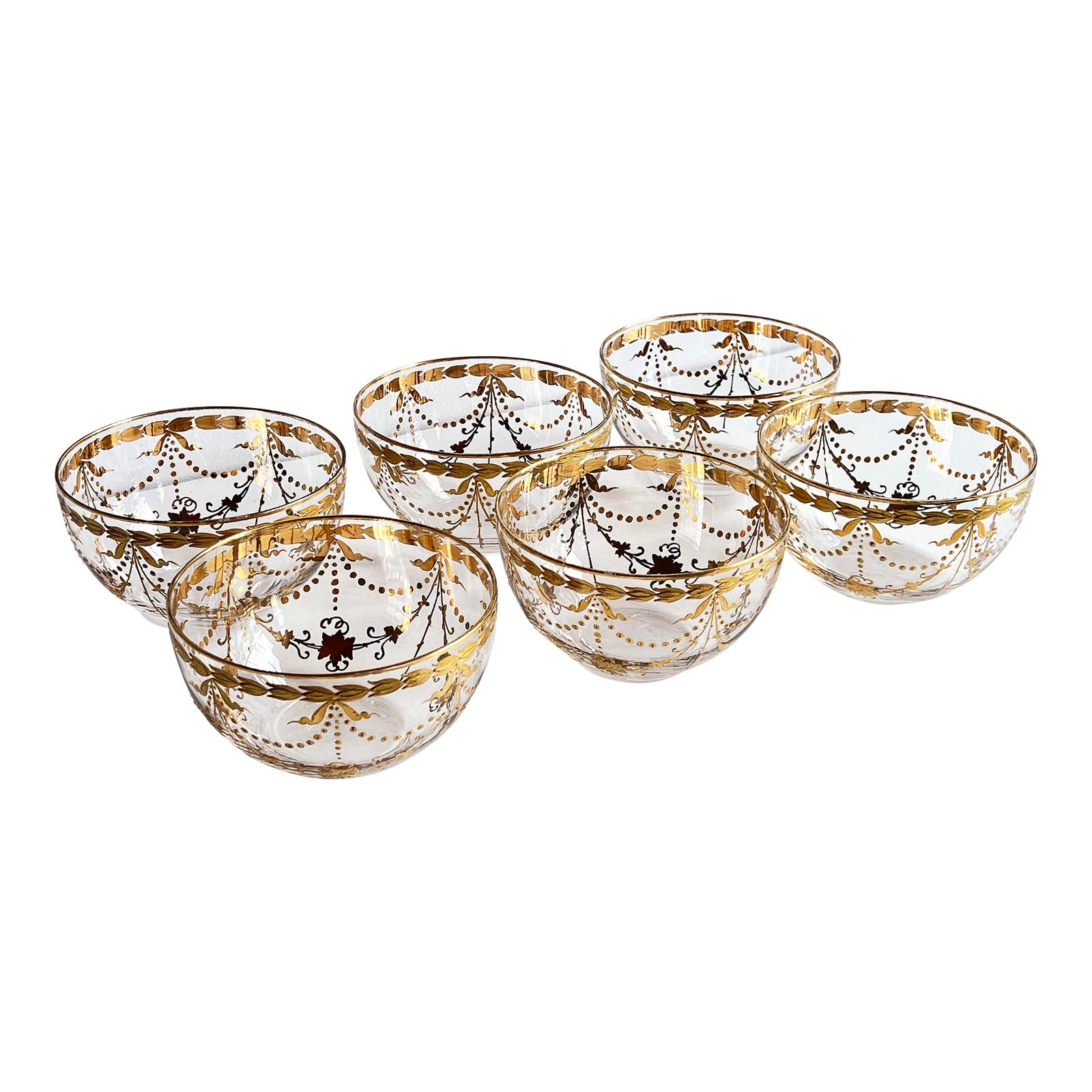 Antique Bohemian Gilt Glass Dessert Bowls With Draped Garland Motif - Set of 6