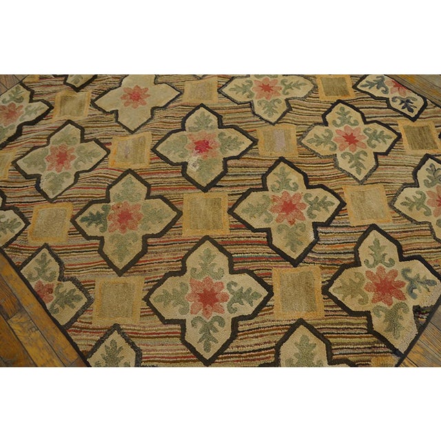 American 1890s Multicolored Geometric Antique American Hooked Rug 4'6" X 5'6" Handknotted Wool Carpet For Sale - Image 3 of 7