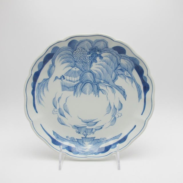 Unique and beautiful, antique set of 3 Japanese Sansui Sometsuke plates or shallow bowls with scalloped rims. Blue and...