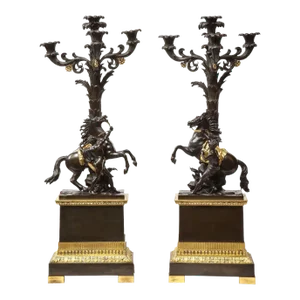 Large Pair of Early 19th Century French Restauration Ormolu and Patinated Bronze Candelabra, Horses