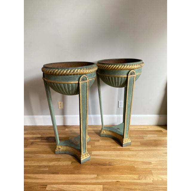 Verdigris Pair of Antique Painted Iron Athenian Planters For Sale - Image 8 of 10