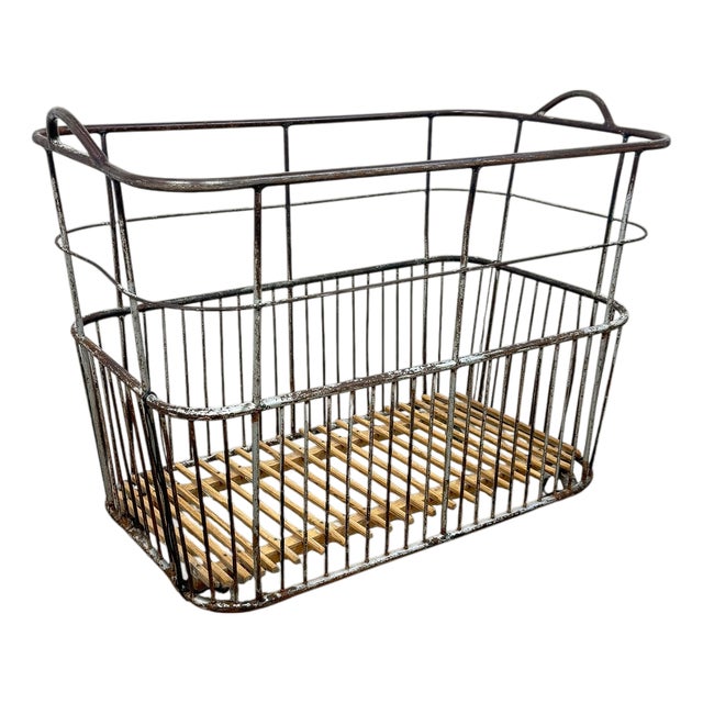 Vintage French Metal Bakery Cart Long Industrial Bread Trolley Rolling Laundry Basket, 1920s For Sale