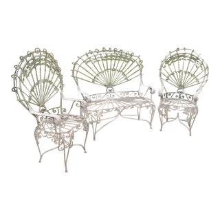 1960s Romantic Wrought Iron Garden Peacock Chairs and Settee After Salterini - Set of 3 For Sale