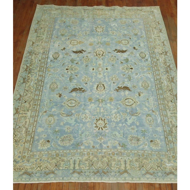 Folk Art Early 20th Century Light Blue Animal Persian Tabriz Rug - 6'8" x 9'6" For Sale - Image 3 of 12