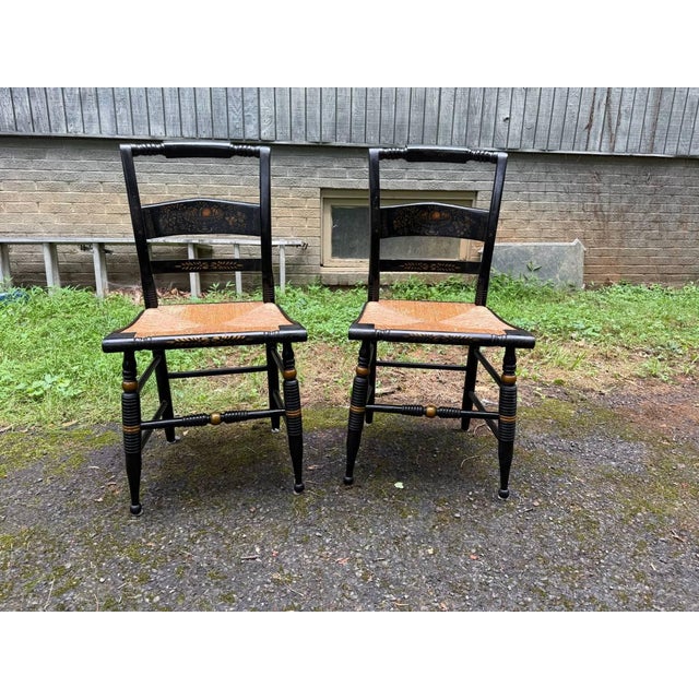 Mid 20th Century Set of 8 Hitchcock Style Black Painted Stenciled Dining Side Chairs With Rush Woven Seats For Sale In Washington DC - Image 6 of 15