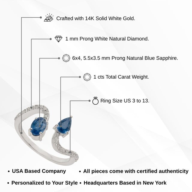 14k Gold Pear & Oval Cut Blue Sapphire & Diamond Bypass Toi Et Moi Ring Size 4 For Sale - Image 12 of 17