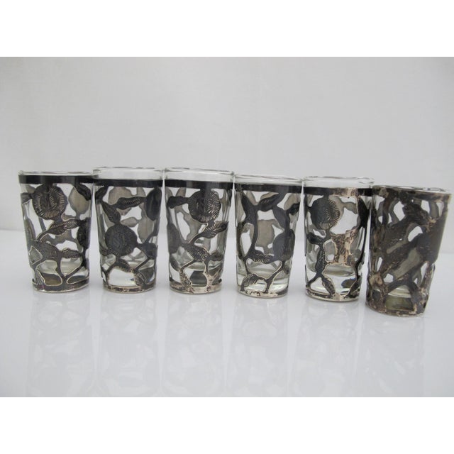 Mexican Mexican Sterling Silver Floral Overlay Cordial Shot Glass Set With Tray For Sale - Image 3 of 11