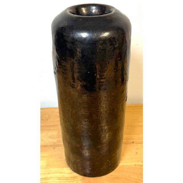 Bronze Large Monochrome Black Glazed Studio Pottery Vase with Pierced Openings, Signed For Sale - Image 8 of 11
