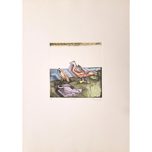 Image dimensions: 25x24 cm. Interesting Colored etching on watermarked paper, representing some origami-birds with...