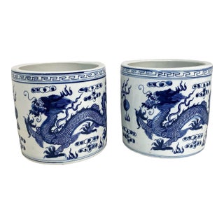 Chinoiserie Blue & White Porcelain Brush Holder/Cachepots/Vases Set of Two For Sale
