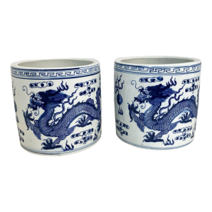 Chinoiserie Blue & White Porcelain Brush Holder/Cachepots/Vases Set of Two
