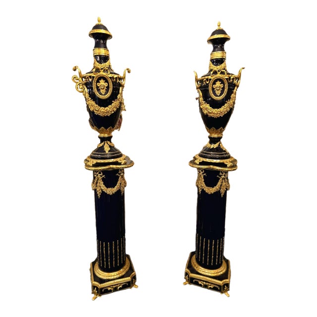 Grand Sevres-Style Midnight Blue Porcelain Vase on Pedestal With Gold Leaf & Bronze Details For Sale