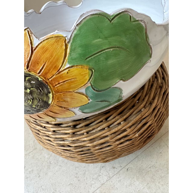 Vintage 12” Italian Sunflower Insized, Glazed Handpainted Terracotta Bowl For Sale - Image 14 of 18