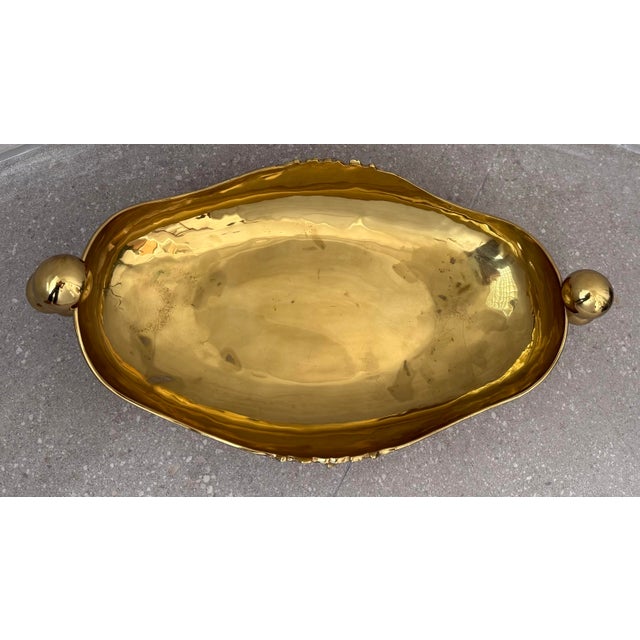Antique Early 20th Century Solid Brass Mexican Decorative Jardinière or Centerpiece Bowl, Footed Base, Ornate Spherical Handles, & Floral Decorations For Sale - Image 9 of 12