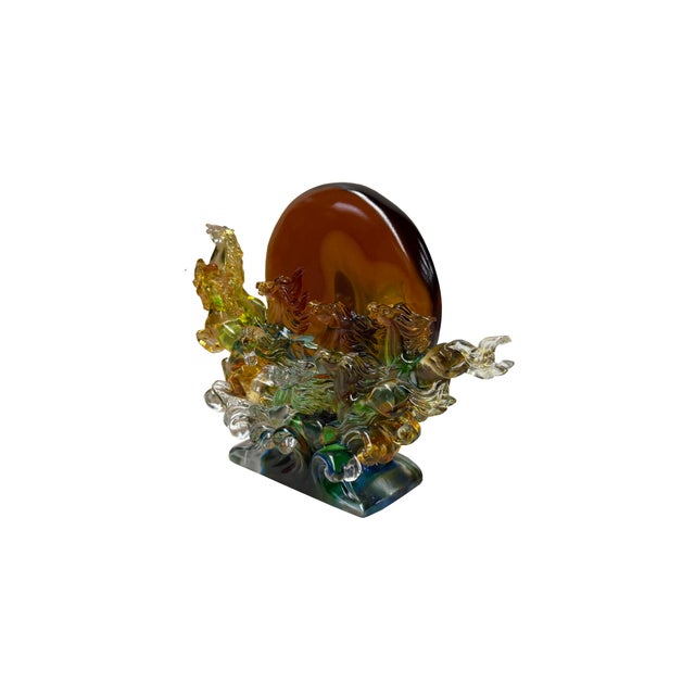 1990s Crystal Glass Wild Horses Galloping Orange Sun Moon Back Sculpture Figure For Sale - Image 5 of 14