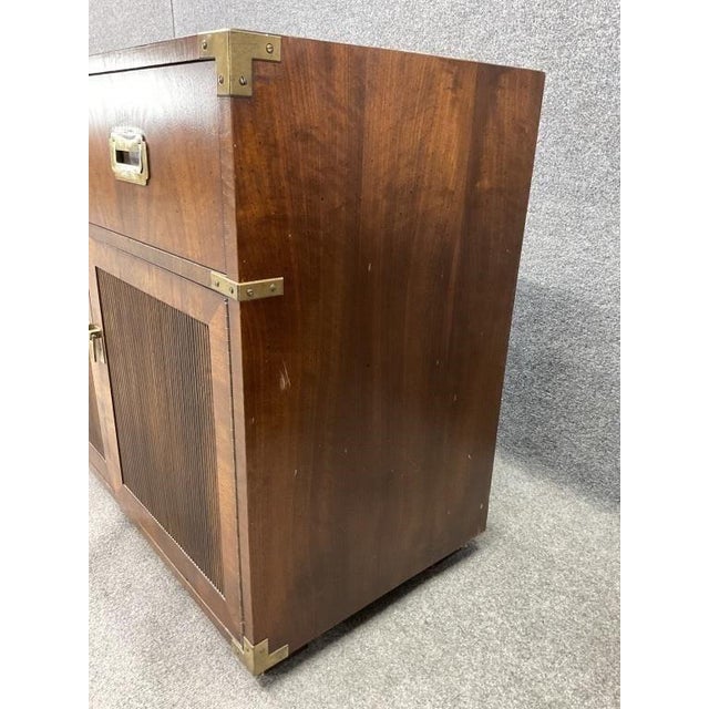 Vintage Lane Campaign Walnut Server Cabinet | Mid Century Modern Buffet | Brass Hardware Storage Cabinet For Sale - Image 9 of 9