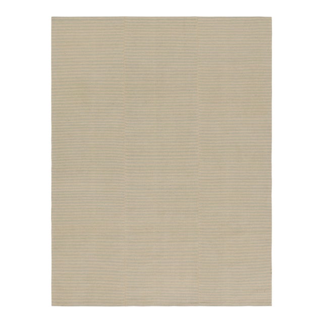 Rug & Kilim’s Contemporary Kilim, Textural Cream White and Light Blue Stripes For Sale