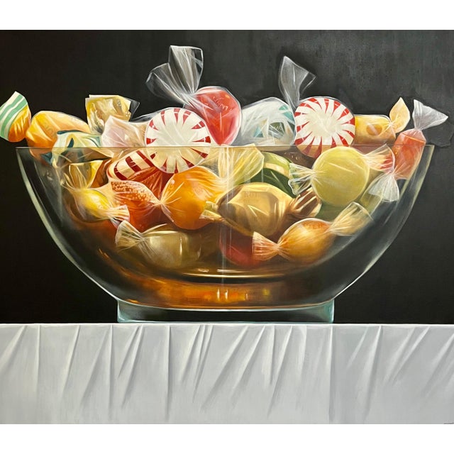 Early 20th Century James Tormey, Original James Tormey Photo Realist Oil Painting Still Life Candy Bowl Pop Art For Sale - Image 5 of 8