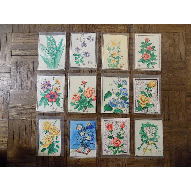 Green Original Vintage Mid 20th C. Watercolors-Floral Still Life-E. Pell-Set of 12 For Sale - Image 8 of 11