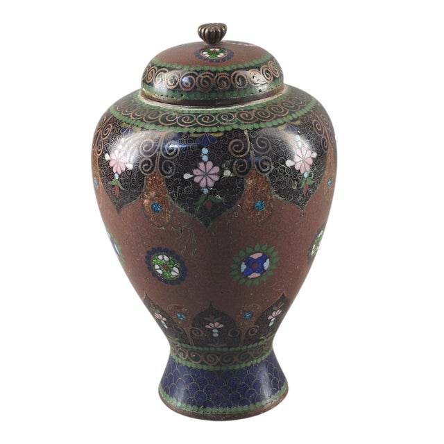 Vintage Japanese Meiji Cloisonné Enamel Floral Covered Jar For Sale - Image 13 of 13