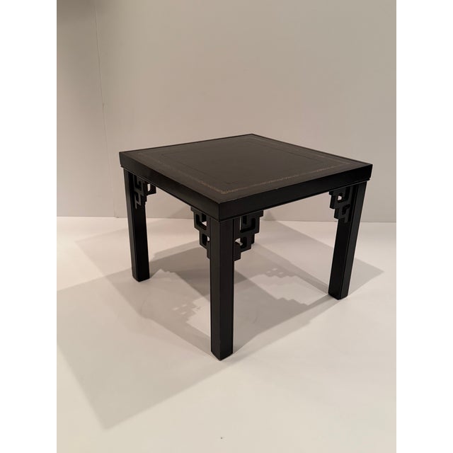 Hollywood Regency Black Tooled Leather & Gold Embossed End Tables- A Pair For Sale - Image 3 of 9