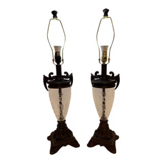 1980's Vintage Neoclassical Faux Bronze and Etched Glass Urn Table Lamps - A Pair For Sale