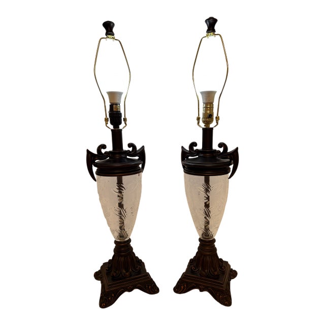 1980's Vintage Neoclassical Faux Bronze and Etched Glass Urn Table Lamps - A Pair For Sale