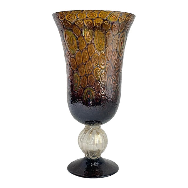 Large Collectible, Hand-Blown Amber-Colored Murano Art Glass Vase With Green and Purple Murrine by Master Glassblower Adriano Dalla Valentina For Sale