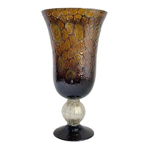 Large Collectible, Hand-Blown Amber-Colored Murano Art Glass Vase With Green and Purple Murrine by Master Glassblower Adriano Dalla Valentina