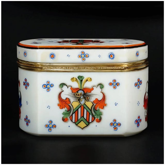 19th Century Antique Bohemian Opaline Glass Box Armorial Hand Painted Coat of Arms For Sale - Image 6 of 11