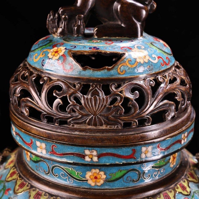 Late 20th Century Late 20th Century Pair of Gilt Bronze Cloisonné Enamel Incense Burners With Lion Finials For Sale - Image 5 of 10