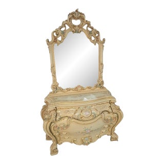 Late 20th Century Italian Silik Rococo Revival Hand Painted Bombe Dresser With Mirror For Sale