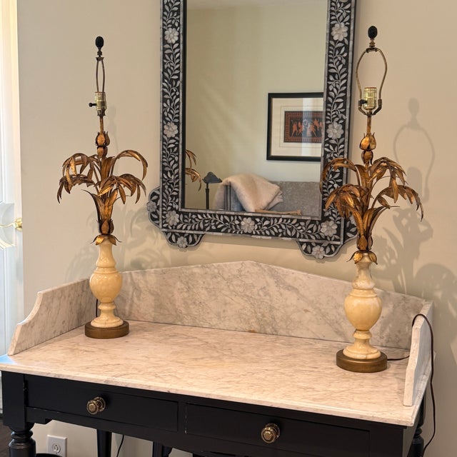 1930s Pair of 1930s Hollywood Regency Palm Tree & Marble Lamps For Sale - Image 9 of 10