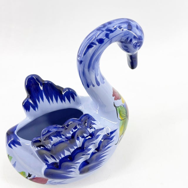 Mid-Century Modern Vintage MCM Portugal Blue Portuguese Hand Painted Pottery Swan Planter For Sale - Image 3 of 6