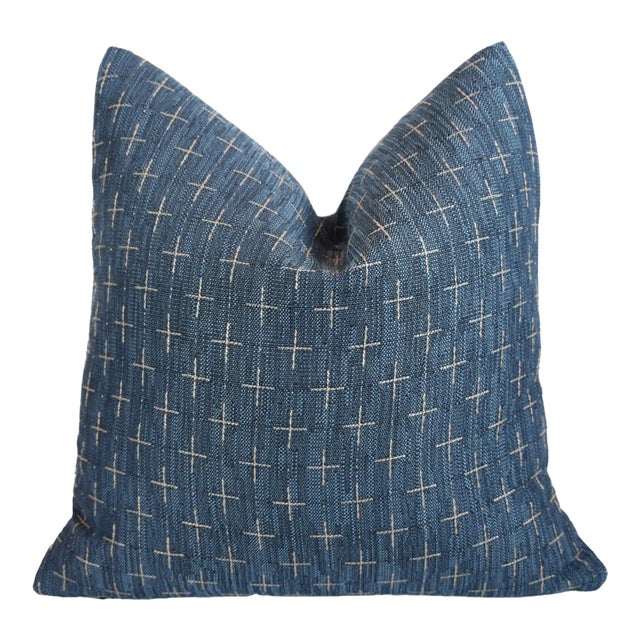 Contemporary Blue & Gold Linen Feather/Down Pillow 18” Square For Sale