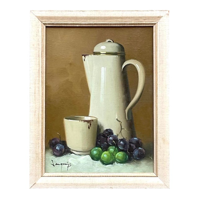 Vintage Boho Coffee Pot Still Life Original Oil on Canvas Painting For Sale