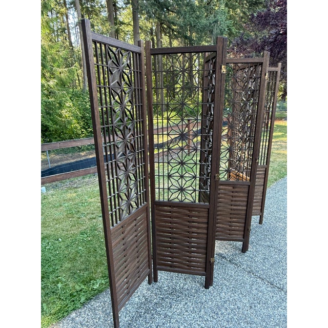 Vintage Japanese Mid-Century Modern Teak Shoji Six-Panel Folding Room Divider | Kumiko | 1960 For Sale In Seattle - Image 6 of 12