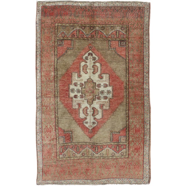 Vintage Mid-Century Turkish Oushak Rug With Olive Green and Soft Red 3′7″ × 6′1″ For Sale
