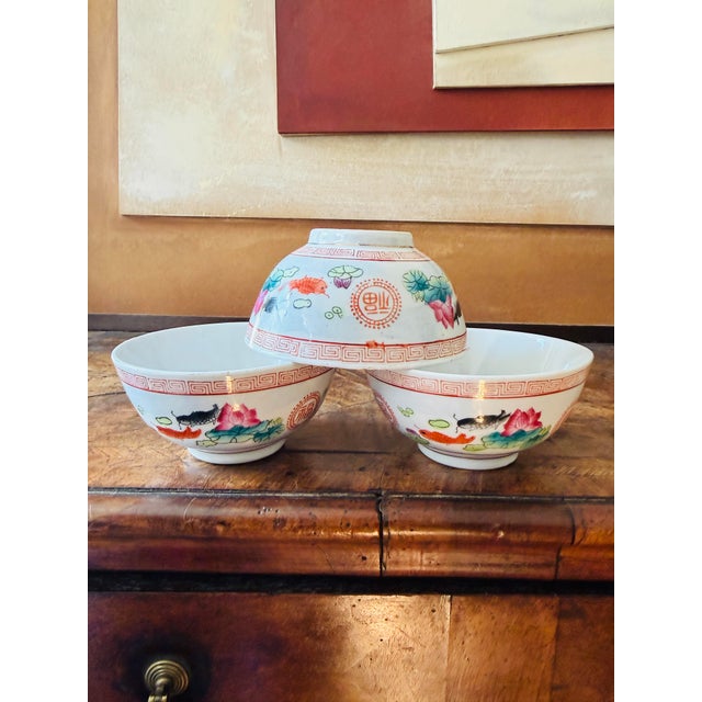 Vintage Chinese Porcelain Fish & Lotus Bowls Koi Goldfish Polychrome Enamel - Set of 3 For Sale - Image 4 of 9