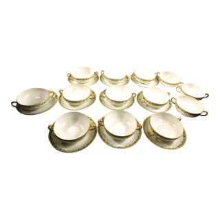 1940s Large Haviland Set of Ten Flat Cream Soup Bowls and Underplates - Set of 23 For Sale