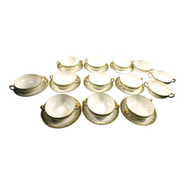 1940s Large Haviland Set of Ten Flat Cream Soup Bowls and Underplates - Set of 23 For Sale