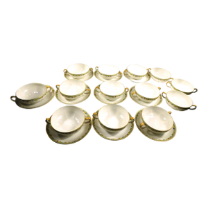 1940s Large Haviland Set of Ten Flat Cream Soup Bowls and Underplates - Set of 23