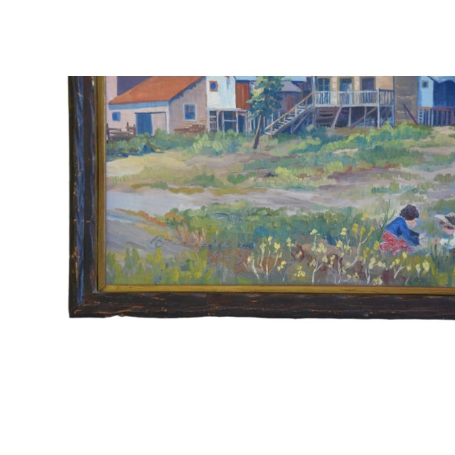 Listed Artist Joseph Zeller Buildings & Meadow With Children Landscape Oil Painting W/ Frame For Sale - Image 11 of 13