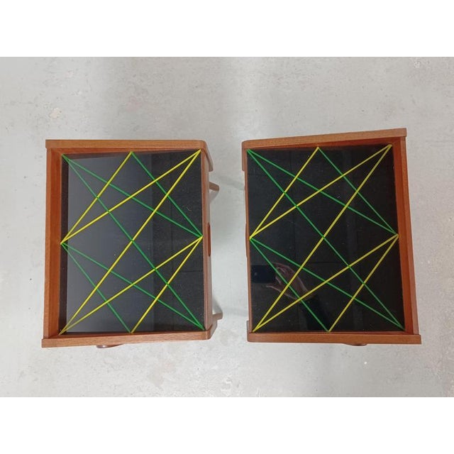 Fully Restored Teak Nightstands with Decorated Glass Tabletops, 1960s, Set of 2 For Sale - Image 6 of 7