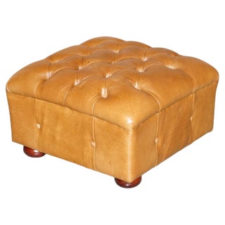 Square Tan or Brown Leather Tufted Chesterfield Footstool For Sale